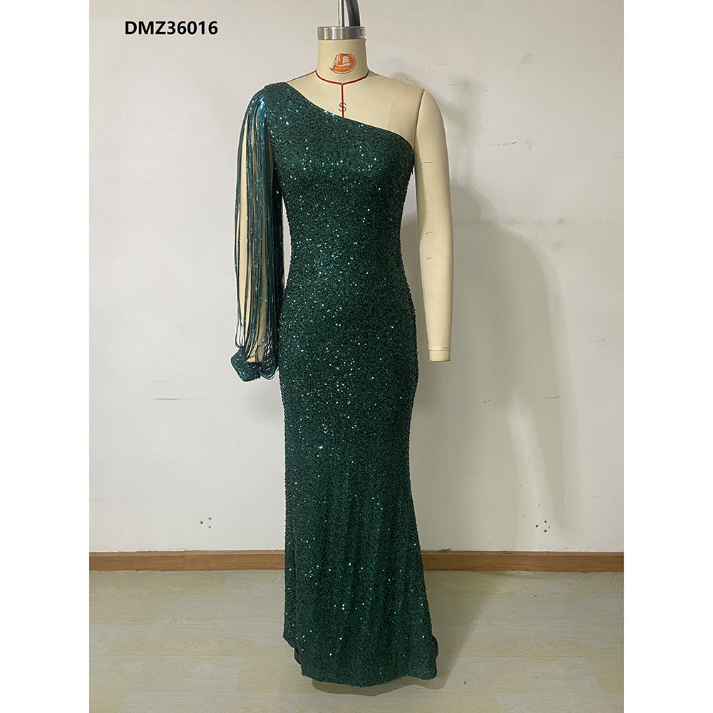 Autumn Winter Fashion Sexy One Shoulder Long Sleeve Sequin Formal Party Long Evening Dress 8
