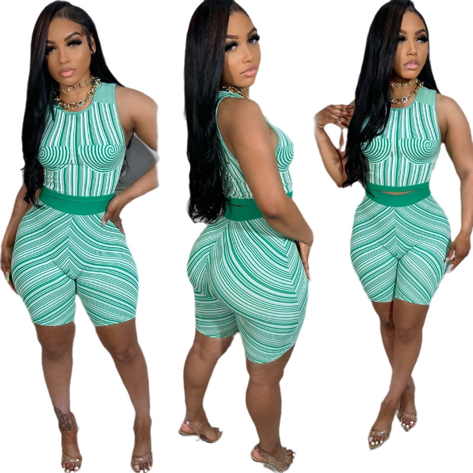 Women Summer Casual Print Sports Tank Top and Shorts Two-piece Set