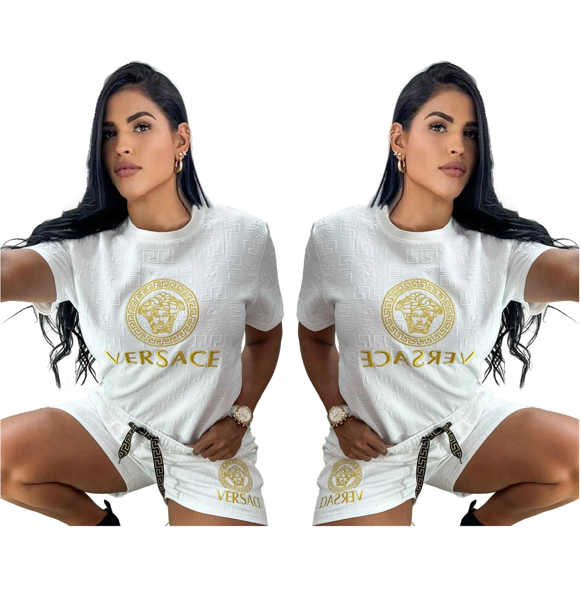 Women summer trendy embroidered + embossed short sleeve Top and shorts two-piece set 8