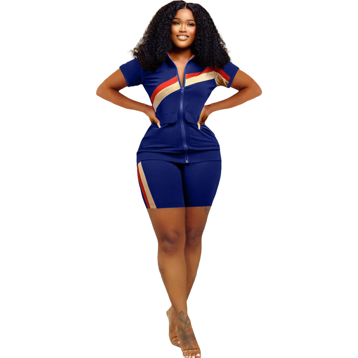 Women's Sports Casual Fashion Zip Pocket Top Shorts Two-Piece Set 11