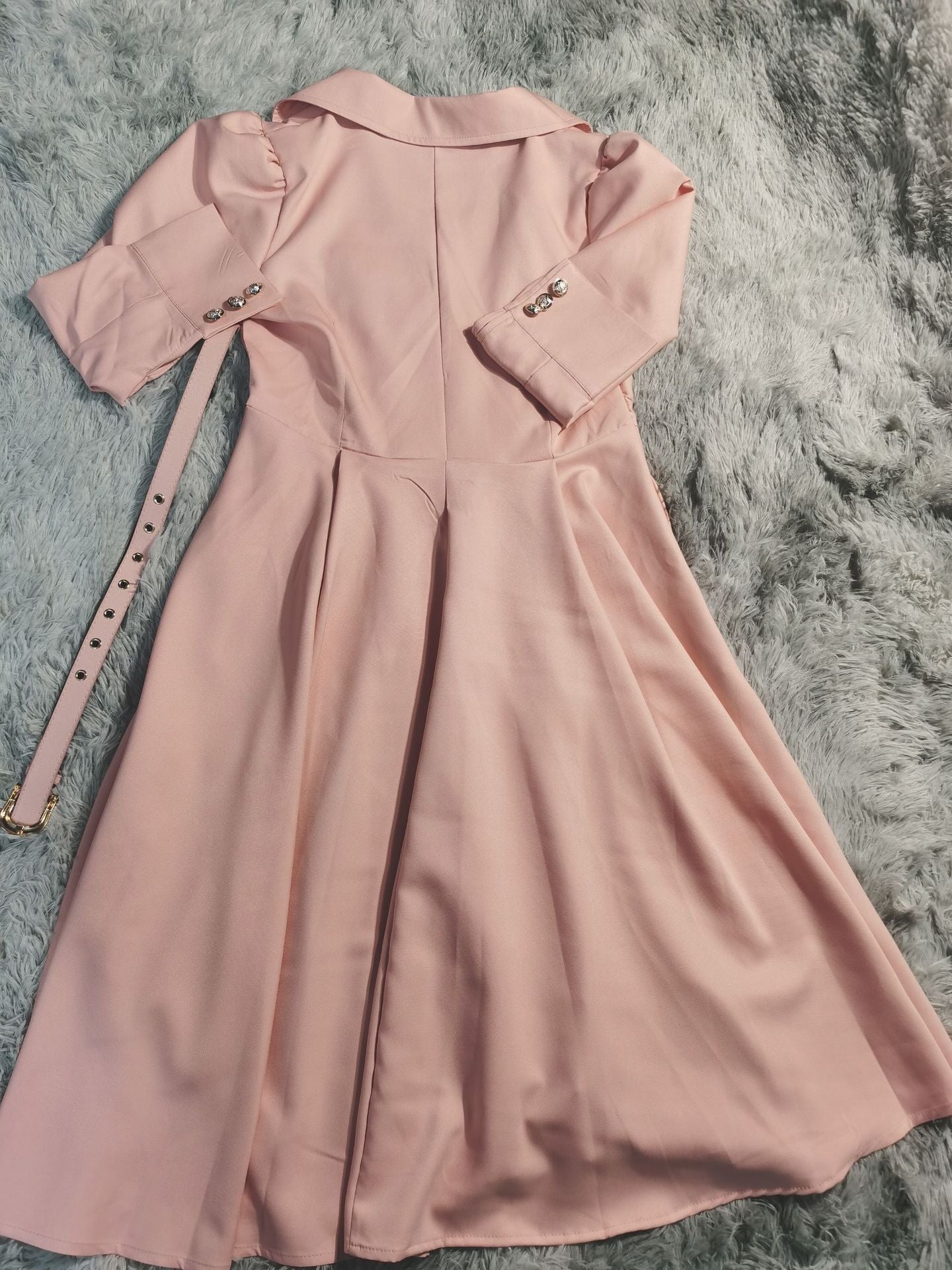 Women Turndown Collar Pleated Lace-Up Belted Dress 19