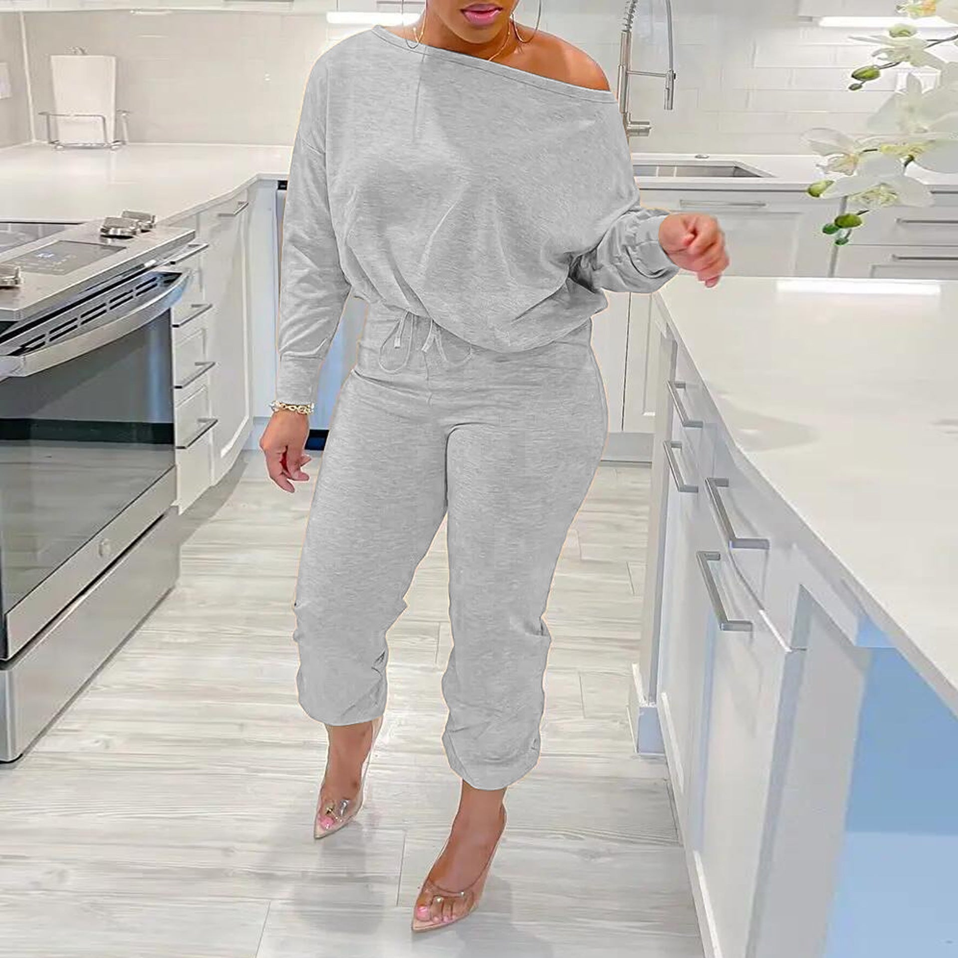 Women Solid Casual Slash Shoulder Top and Pant Two-piece Set 5