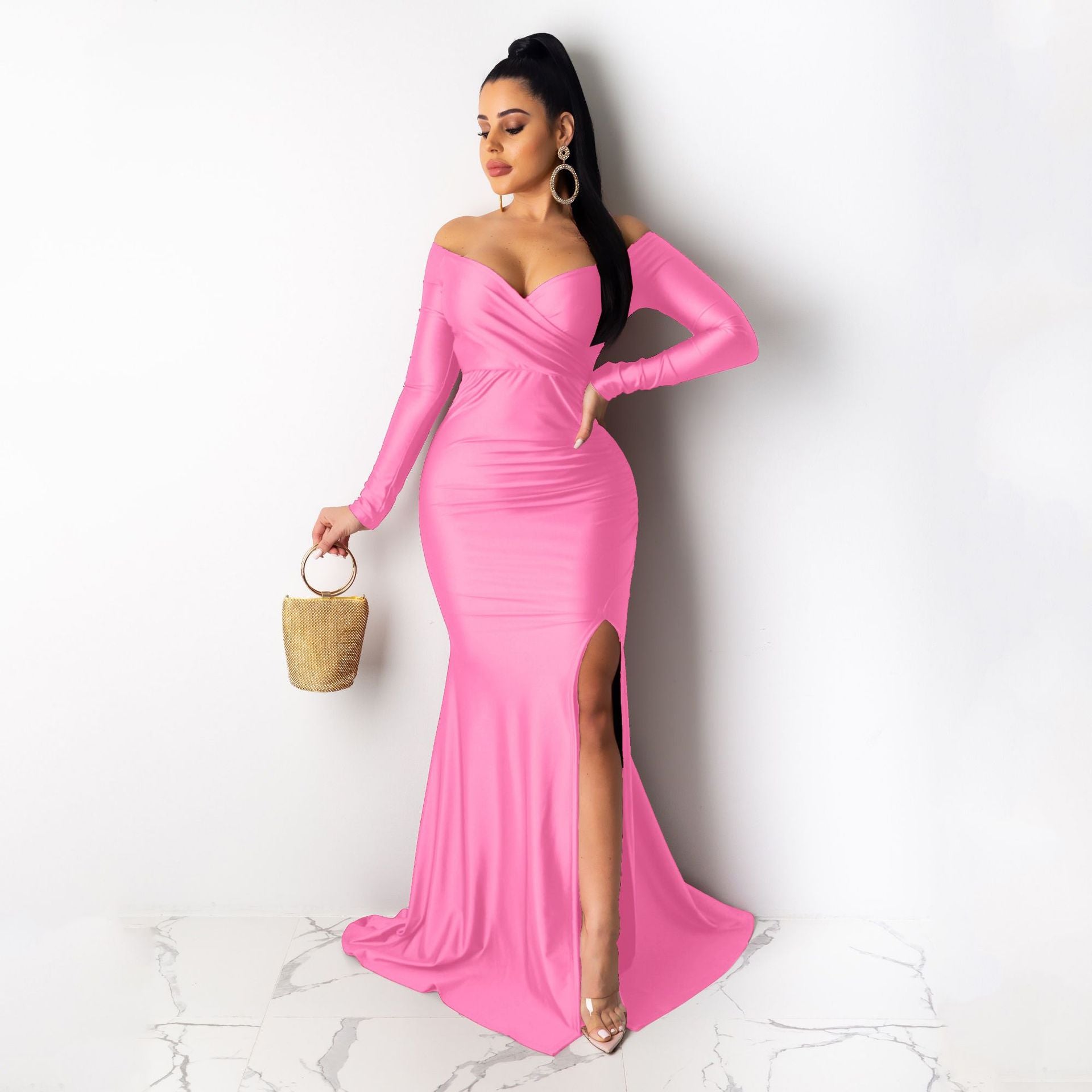 Women Sexy V-Neck Dress Solid Slit Long Sleeve Maxi Dress 8