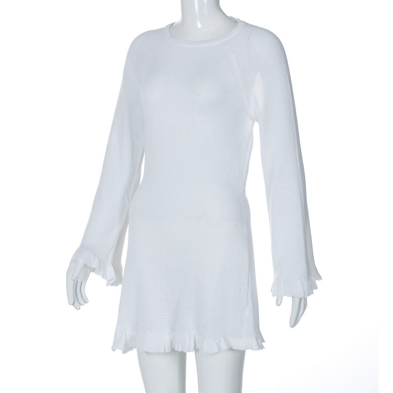 Winter Sexy Knitting Tie Low Back Bell Bottom Long Sleeve Solid Color Dress 22