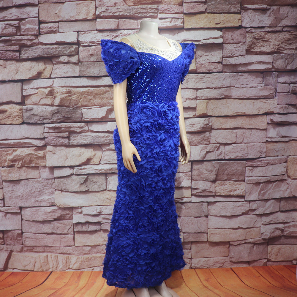 African Women's Dress Luxury Embroidery Off Shoulder Mesh Beaded Belted Evening Dress 18