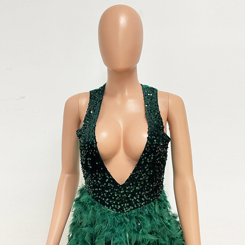 Summer Women's Deep V Neck Low Back Sequin Feather Bodycon Dress 26