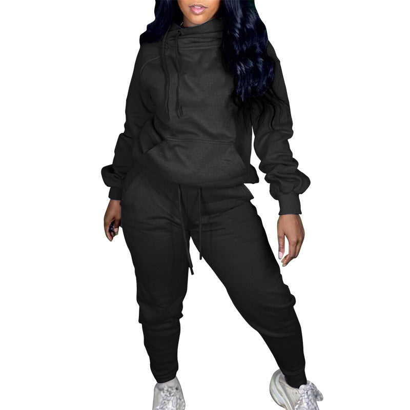 Women Casual Solid Long Sleeve Hooded Top+Pant Two Piece