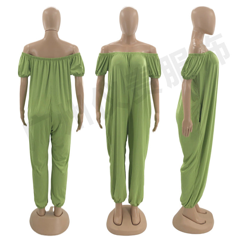Women's Solid Color Loose Long Length Short Sleeve Jumpsuit Women's Bodysuit 11