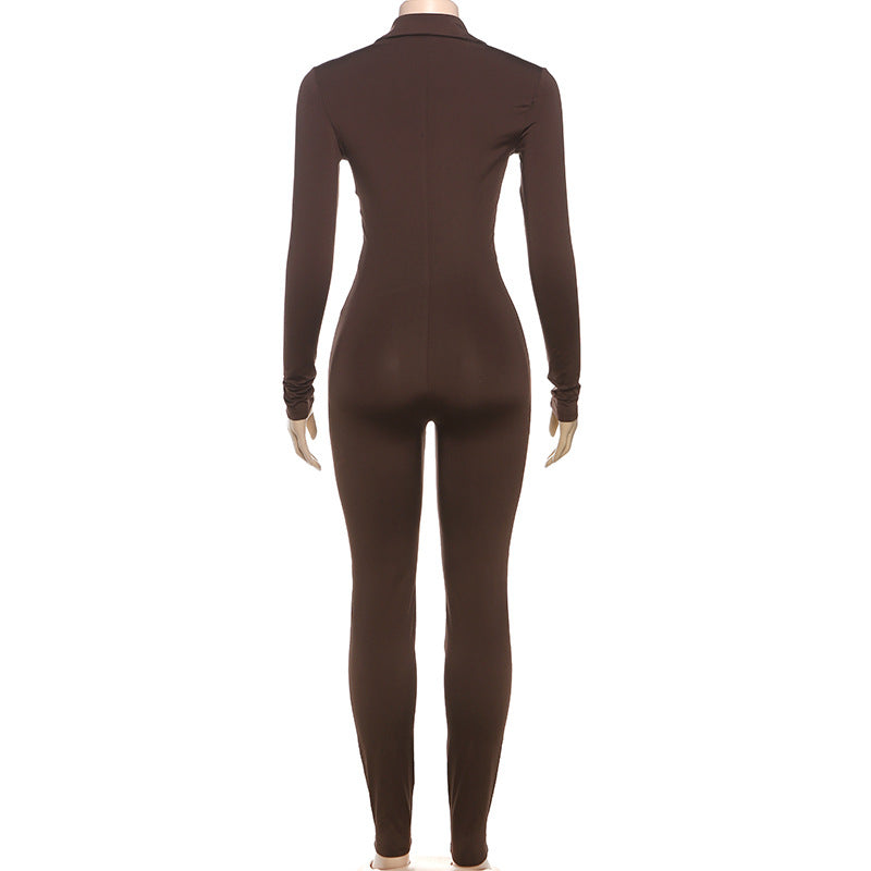 Spring Women's Sexy Tight Fitting V-Neck Long Sleeve Sports Casual Solid Color Jumpsuit 10