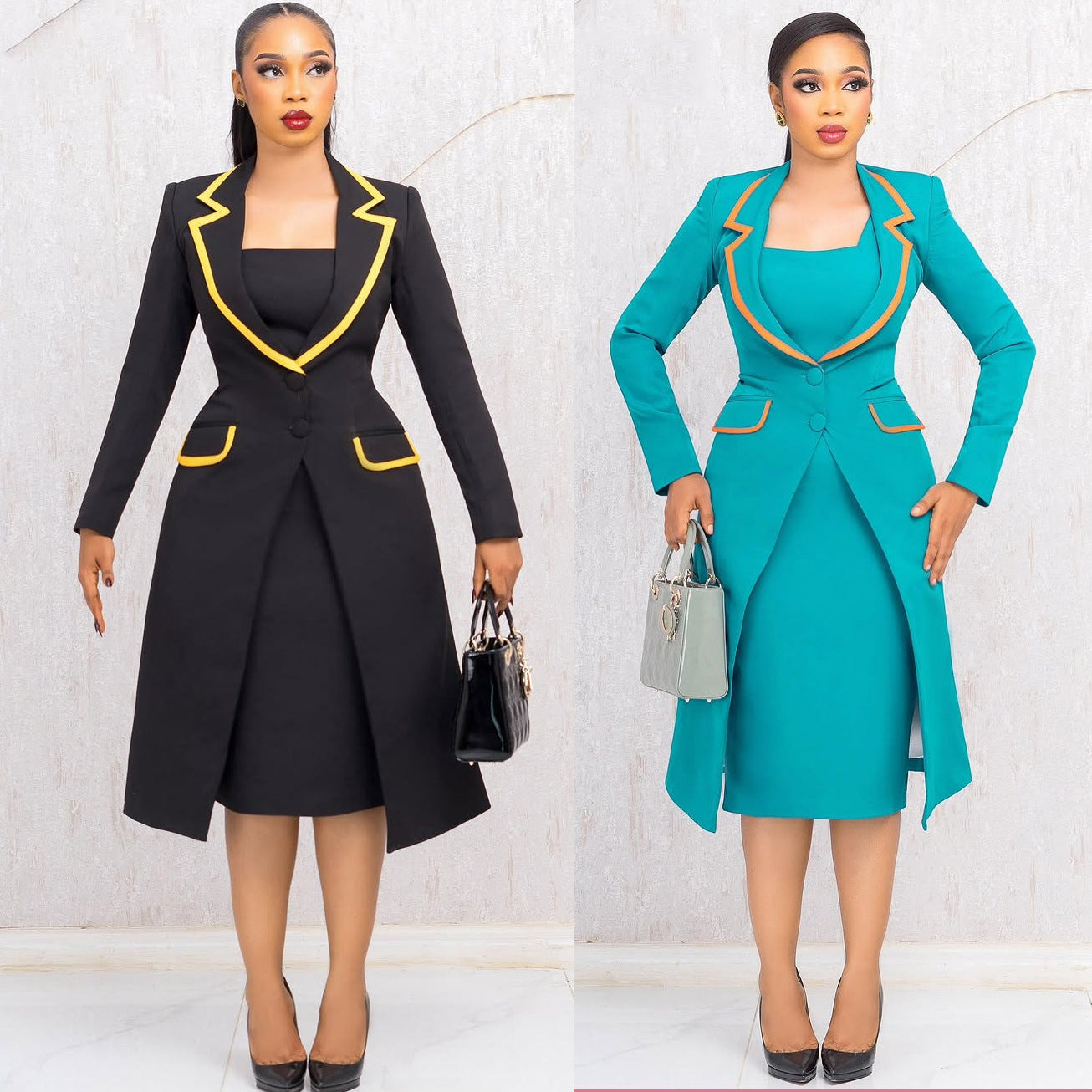 Women Elegant Turndown Collar Stretchy Blazer Dress Two-Piece Set 7