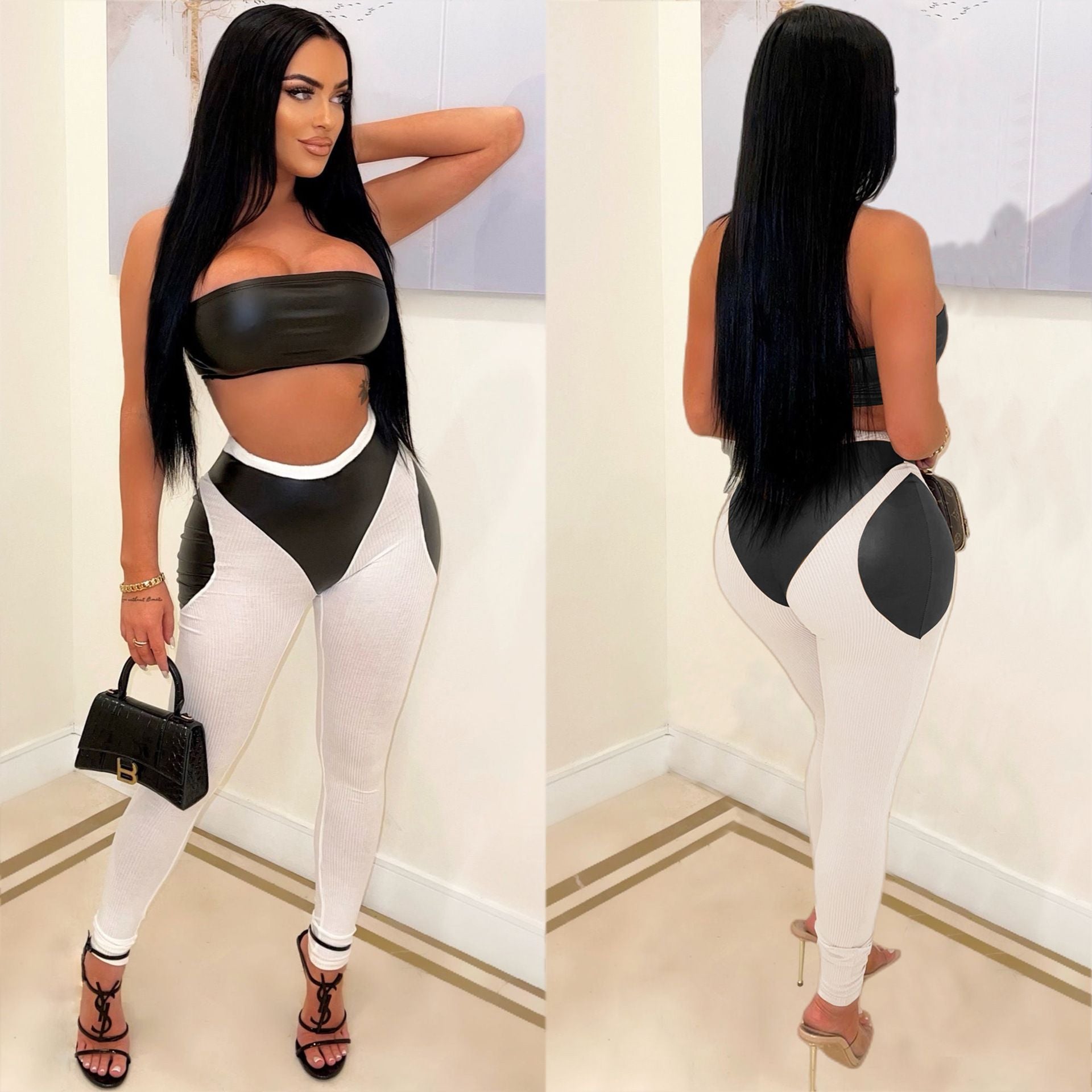 Women Sexy Colorblock Pu Leather Patchwork Strapless Top and Pants Two-Piece Set