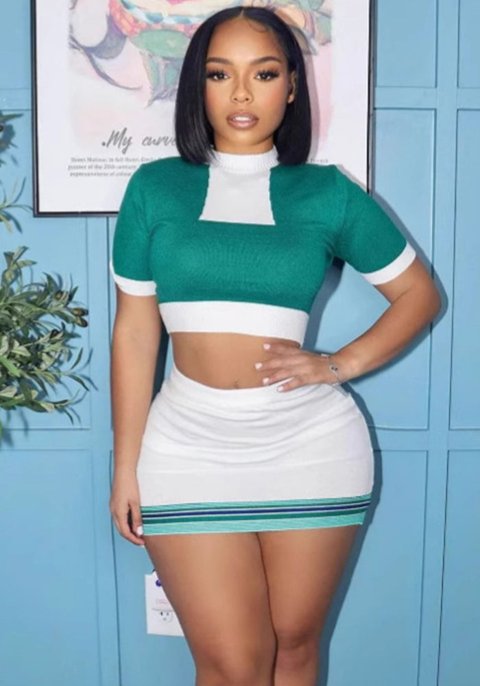 Women Spring Sexy Contrast Knitting Top and Skirt Two-Piece Set