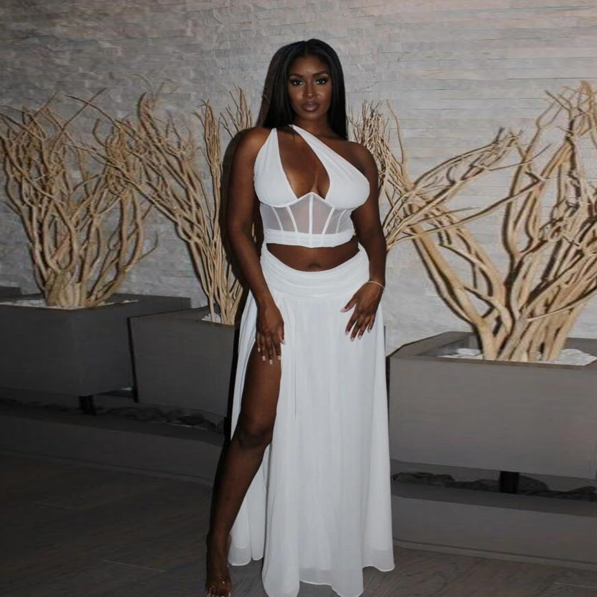 Sexy Solid See-Through One Shoulder Two Piece Skirt Set 3