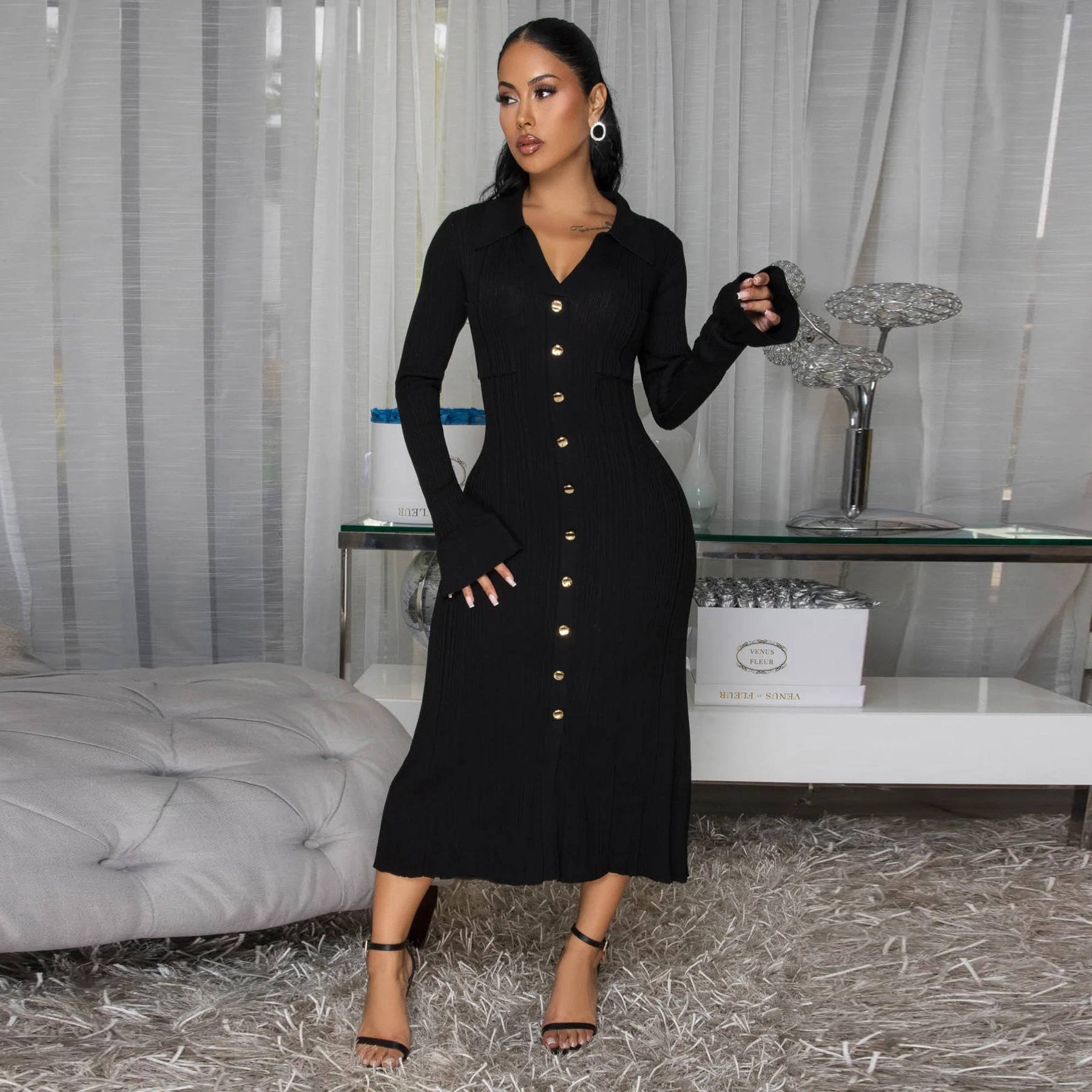 Women's Fashion V-Neck Single Row Buttons Long Sleeve Solid Long Dress 23