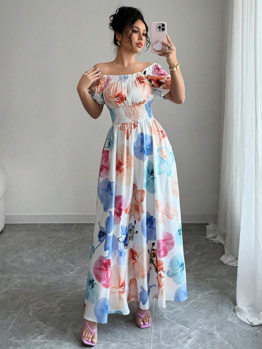 Women Summer Puff-Sleeve Printed Strap Dress 12