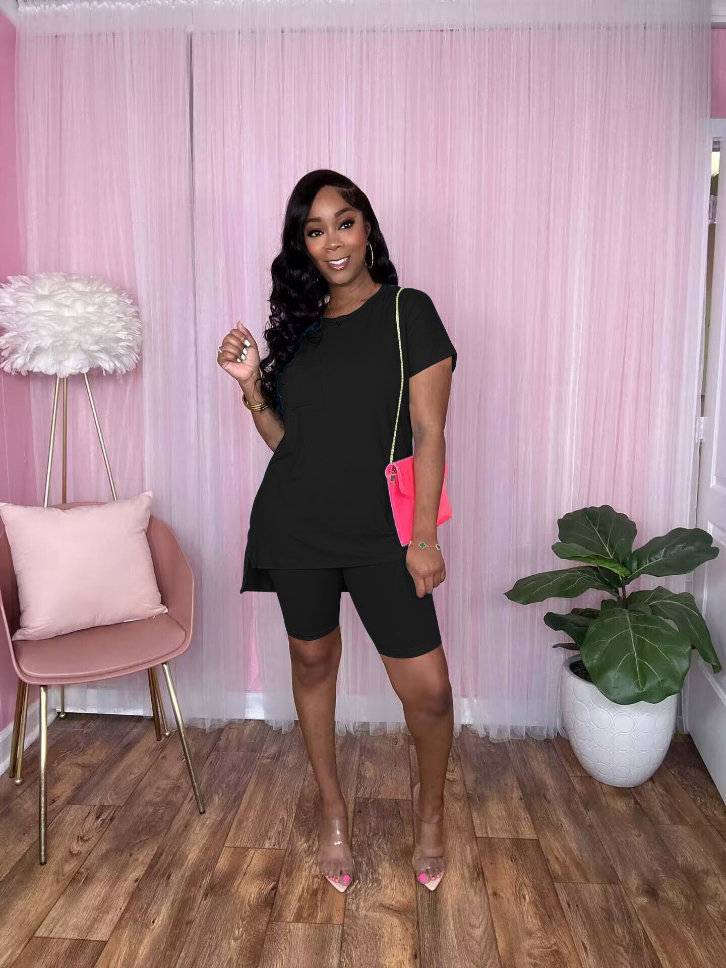 Women's Fashion Casual Spring Summer Pocket Slit Top Shorts Two-Piece Set 3