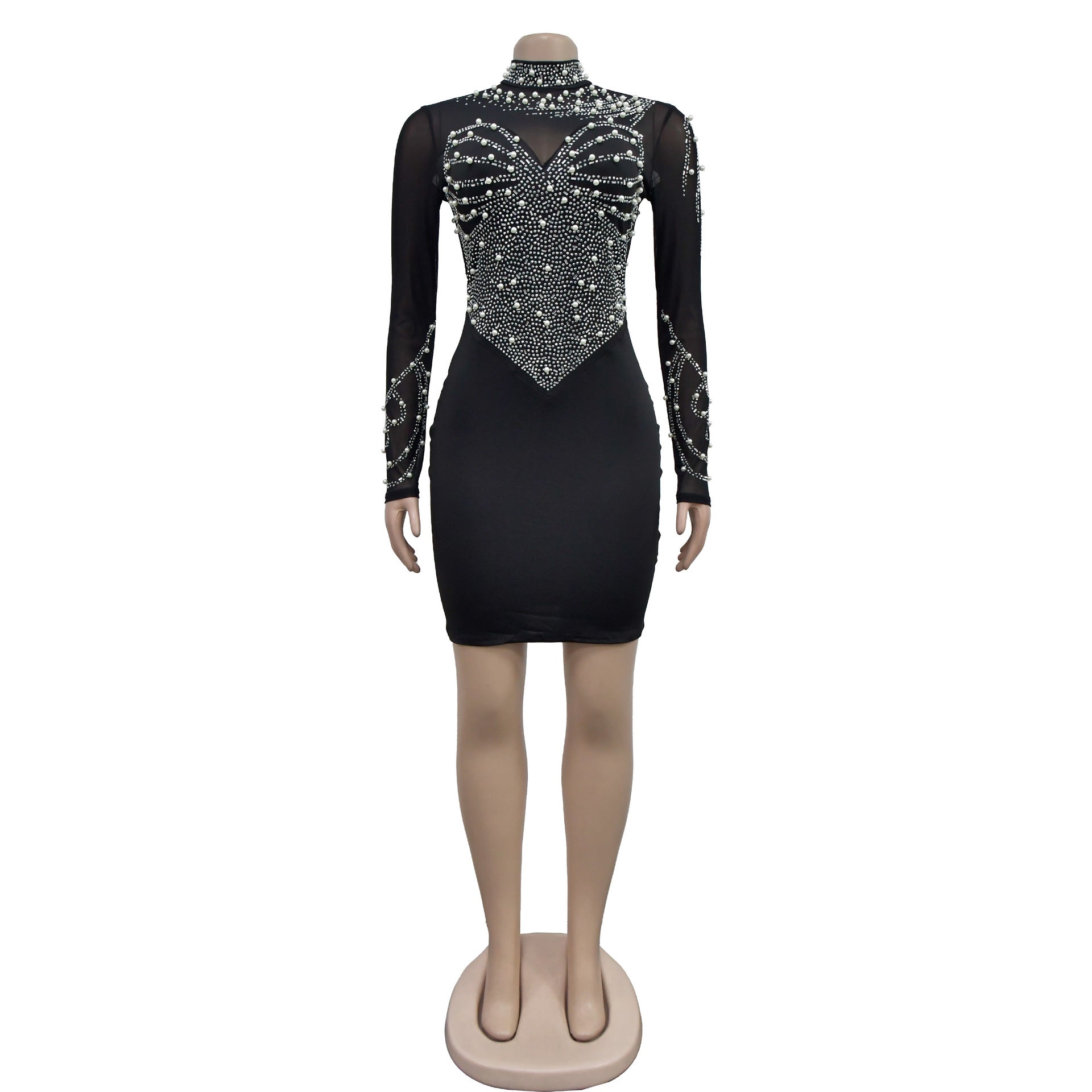 Women solid mesh beaded long-sleeved mini dress 10