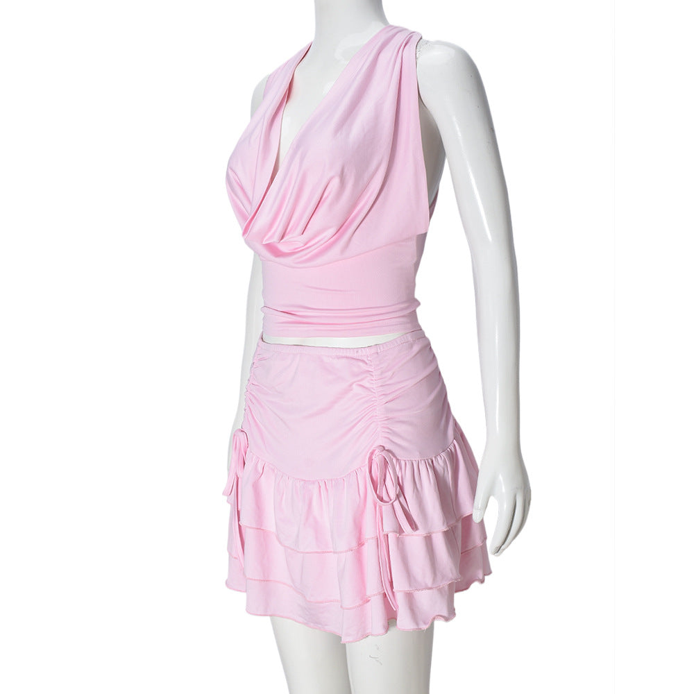 Women Hollow Crop Lace-Up Top and Skirt Two-piece Set 11