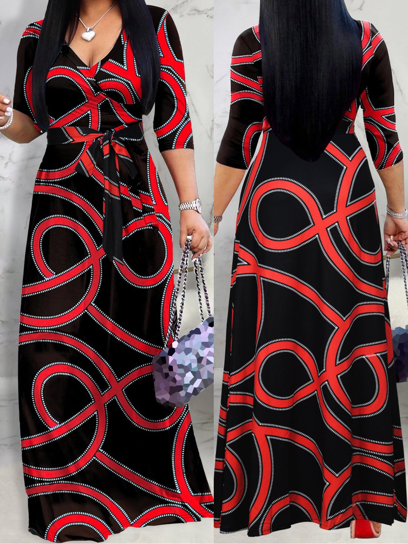 Spring & Autumn Women's Fashion Elegant Wrap V-Neck Half-Sleeve Print Belt Maxi Dress 49