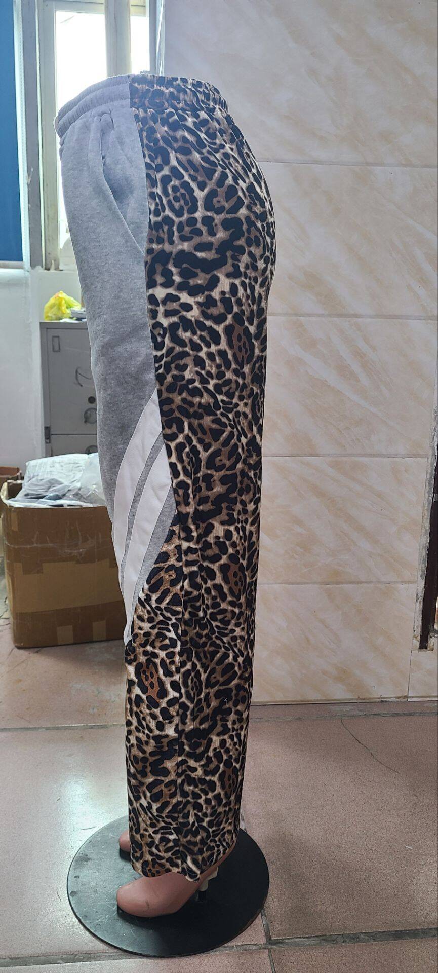 Autumn Style Street Trend Leopard Print Striped Color Block High Waist Loose Sweatpants 20