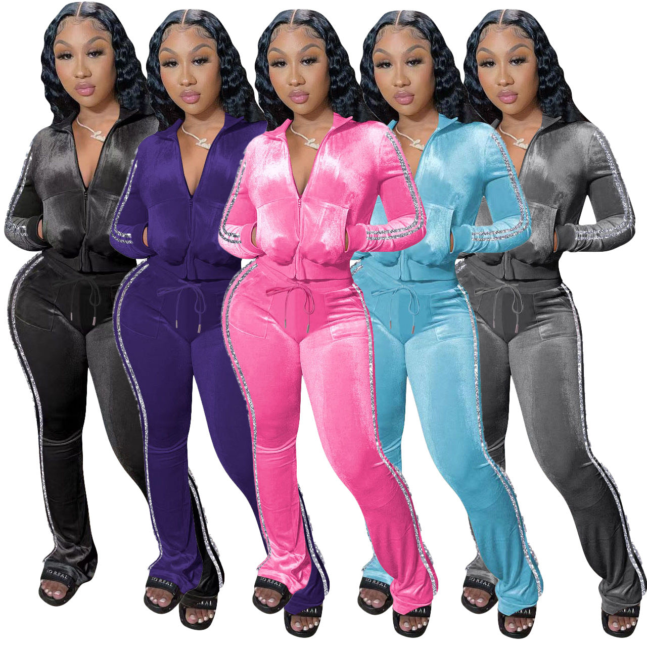 Women's Solid Velvet Casual Zip Top Wide Leg Pants Two Piece Tracksuit 35