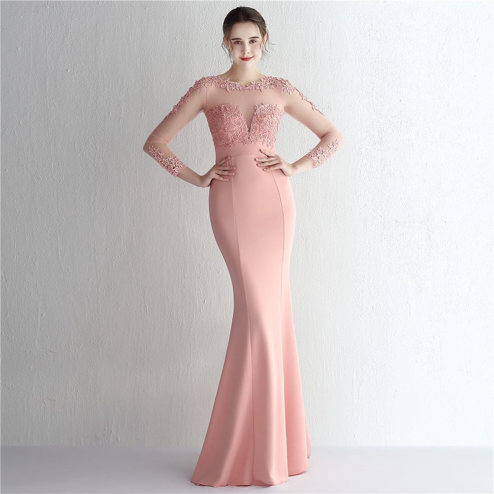 Satin Beaded Lace Patchwork Long Sleeve Bridal Mermaid Formal Evening Dress 12