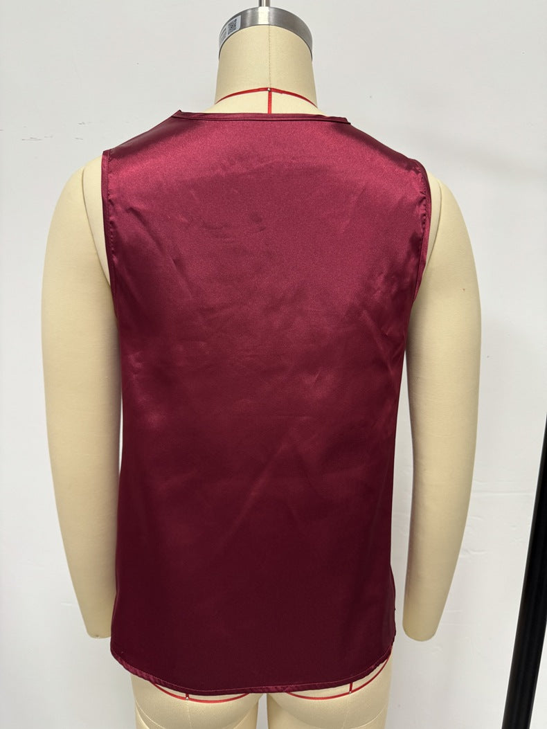 Women Spring and Summer Draped Pleated Sleeveless Satin Top 7