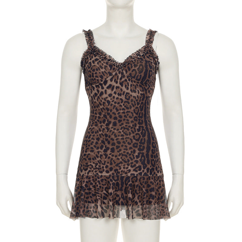 Women's summer mesh leopard print sexy v-neck Slim Waist ruffled strap short dress 7