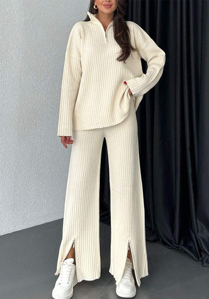 Women Solid Zipper Knitting High Neck Ribbed Top and Pant Two-piece Set