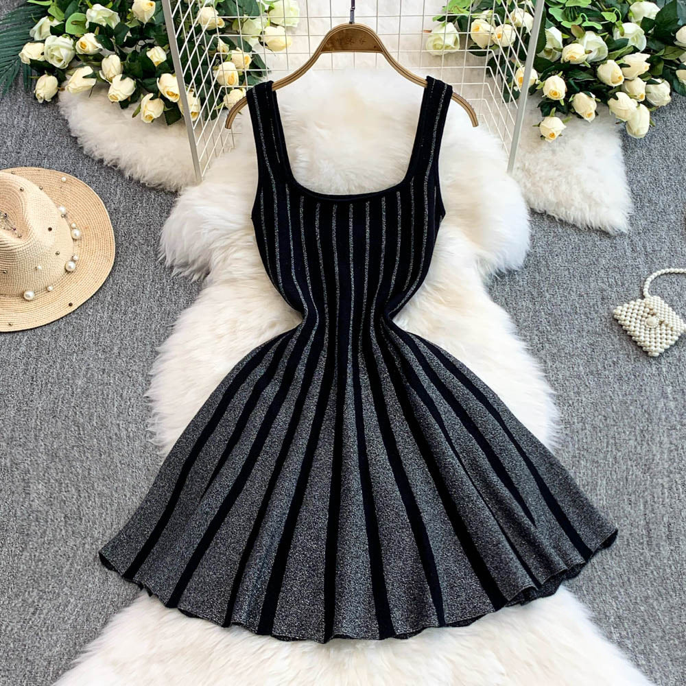 Chic Elegant Stripes Slim Waist Strap Knitting A-line Short Dress for Women 6