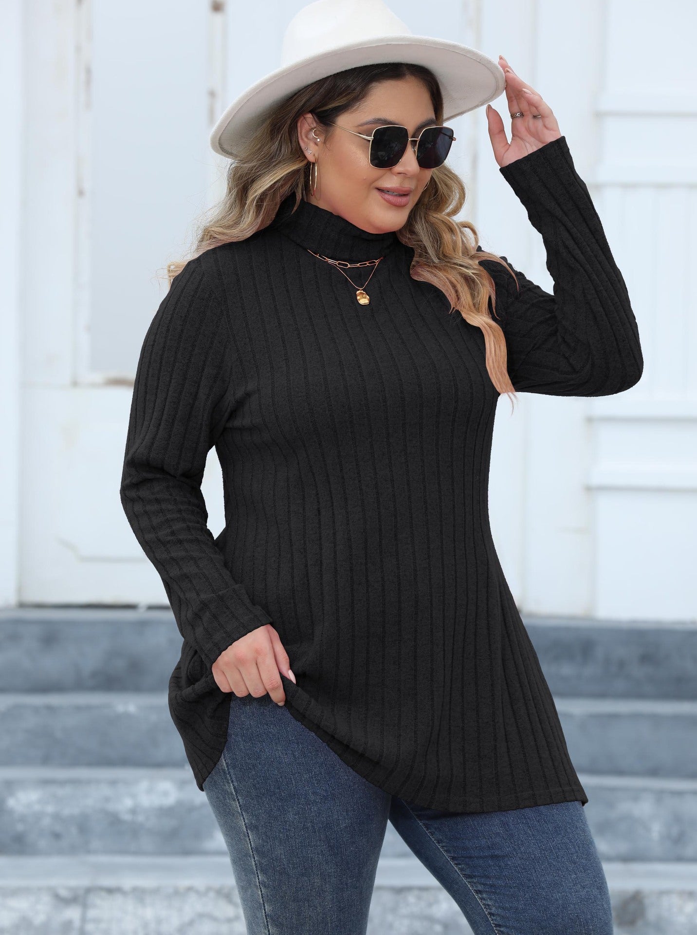 Women's Tops Plus Size Women's Turtleneck Slim Fit Basic Shirt Ribbed Slit Midi T-Shirt