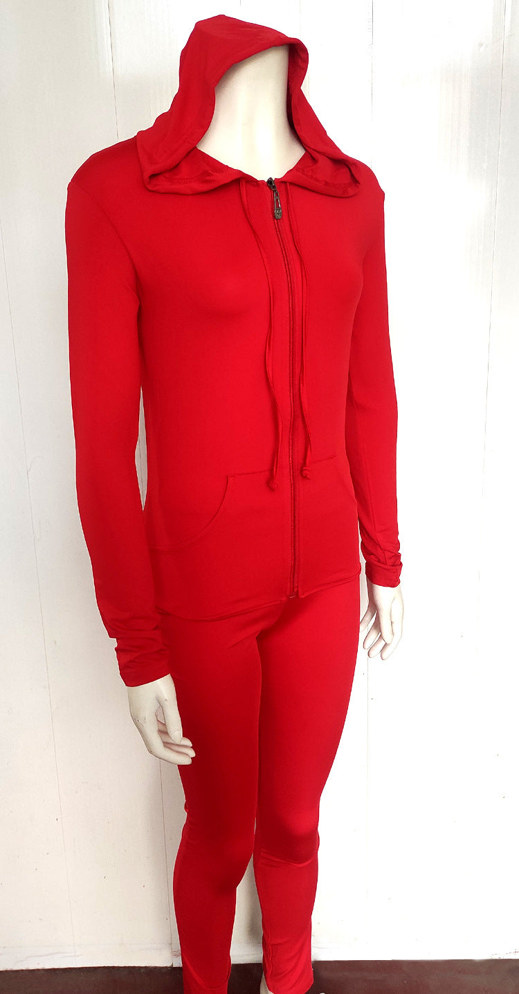 Women Casual Sports Running Fitness Zippered Hooded Top Long Pants Two-piece Set 22