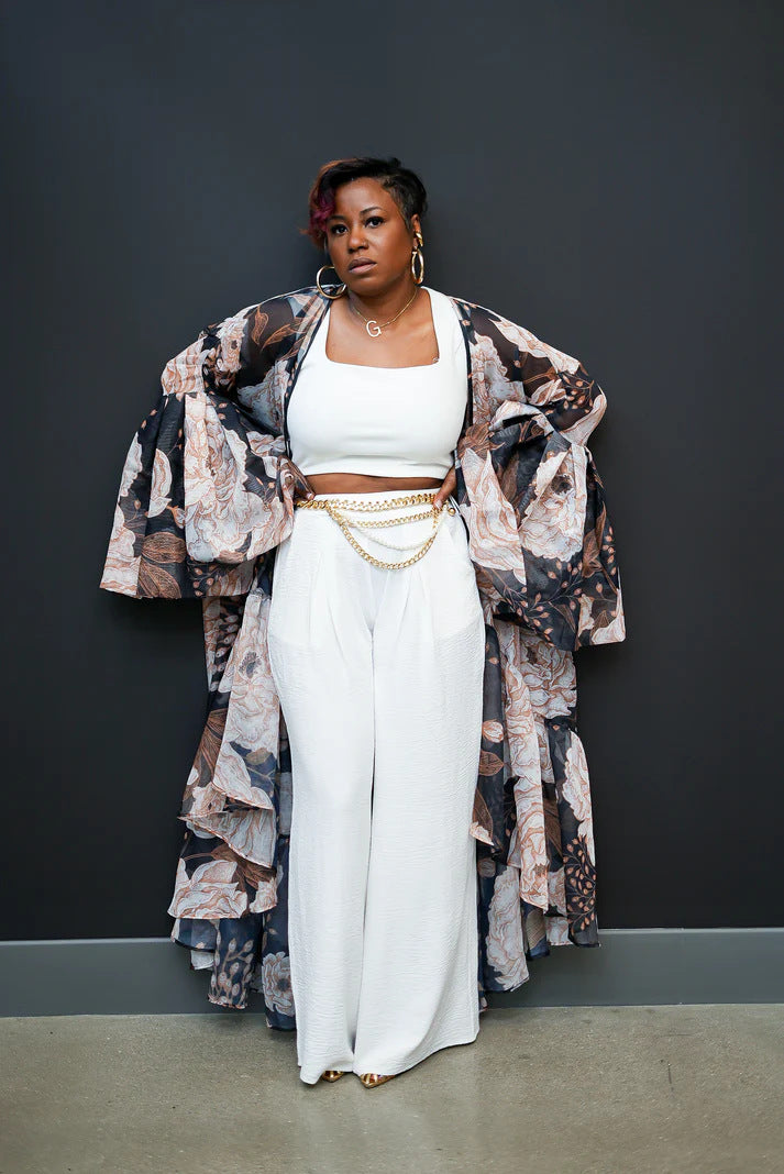 Casual Spring and Autumn Women's Lantern Sleeve Irregular Long Printed Coat 5