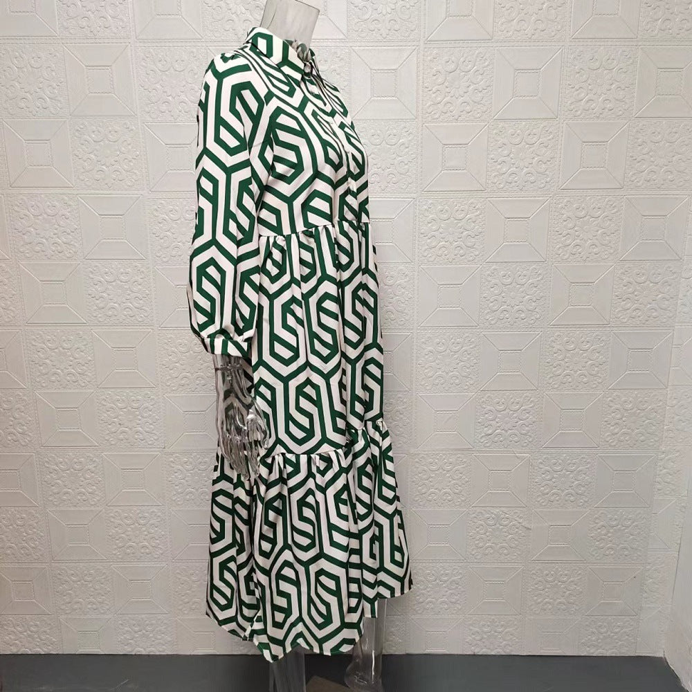 Women's Long Sleeve Turndown Collar Green Geometric Print Shirt Dress 11