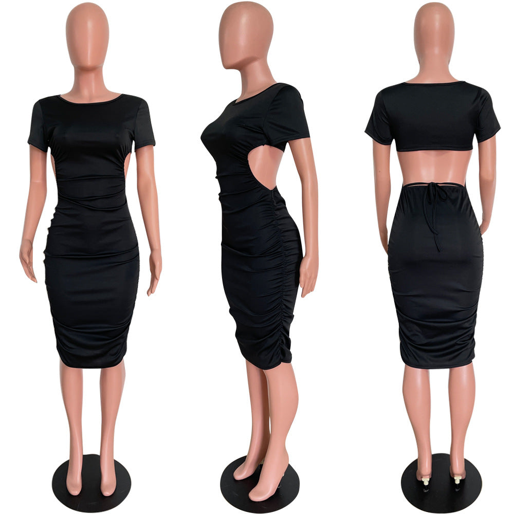 Spring Summer fashionable solid color round neck back hollow midi dress 9