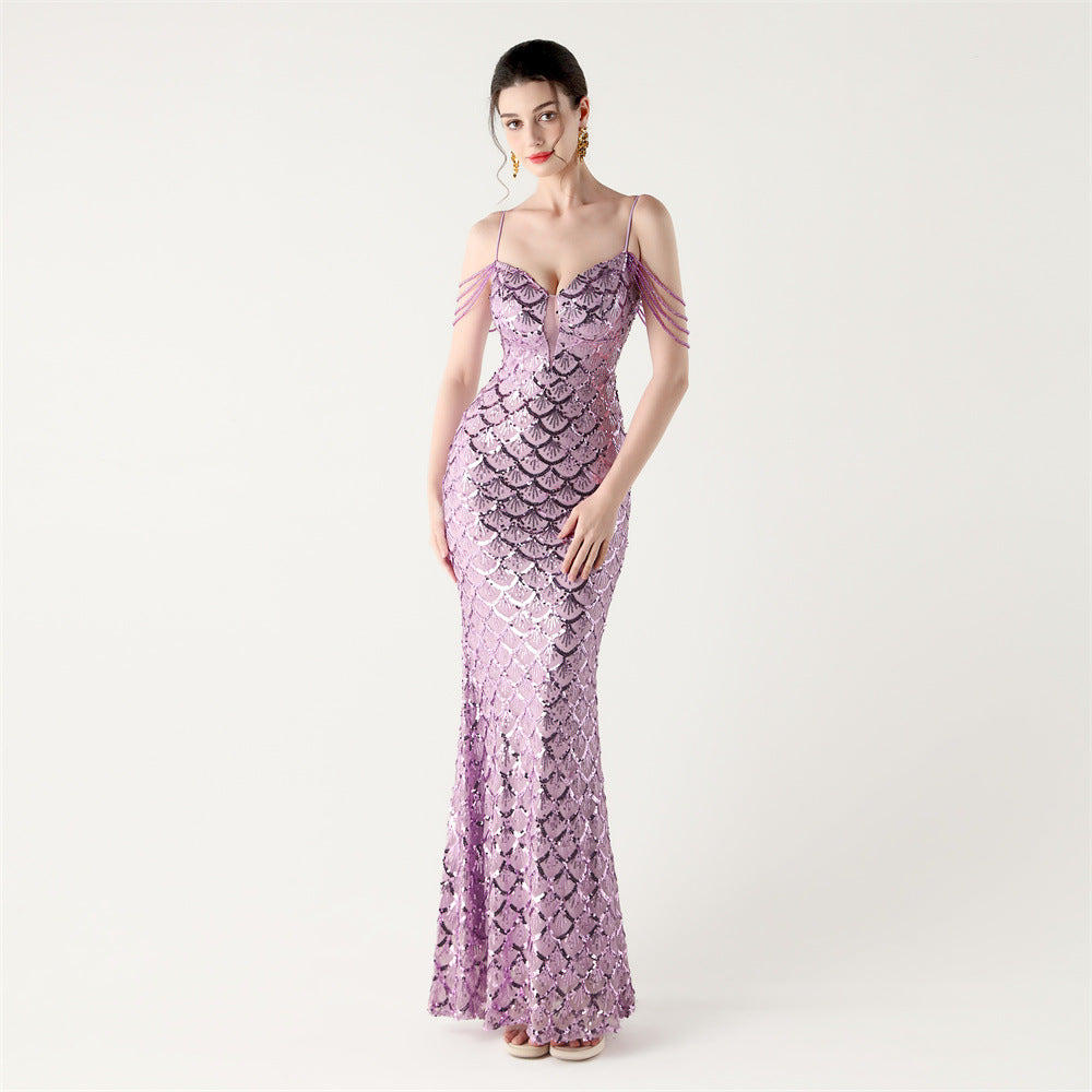 Deep V Strap Sequin Fishtail Evening Dress for Formal Occasions 8