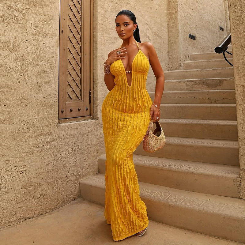 Women Summer Sexy Halter Neck Pleated V Neck Backless Lace-Up Dress