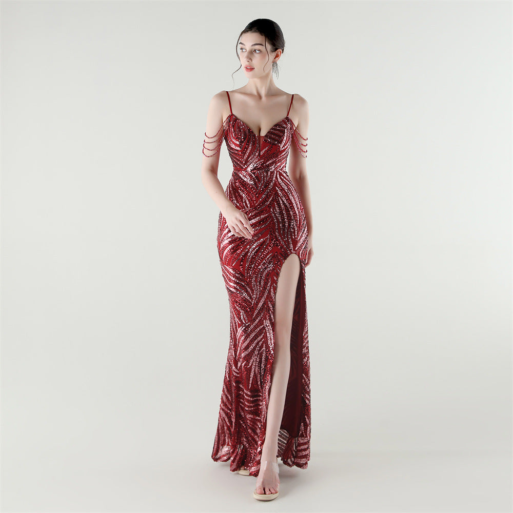 Elegant Deep V Strap Sequin Evening Dress 21