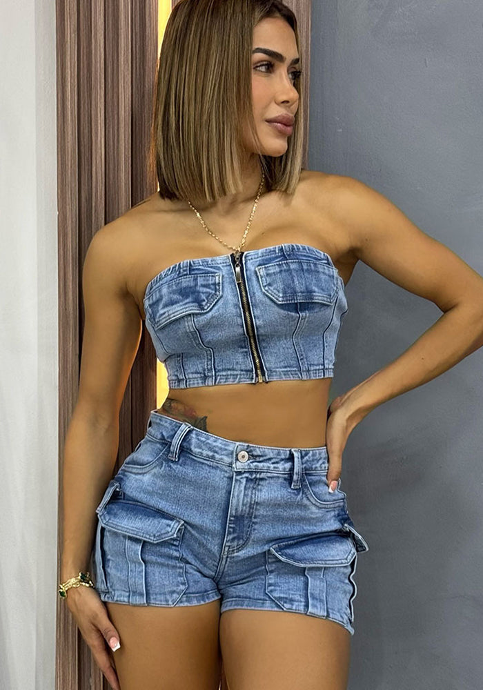 Women denim sexy strapless top and cargo shorts two-piece set