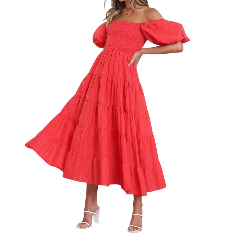 Summer Women's Fashion Loose Off Shoulder Puff Sleeve A-Line Midi Dress 8