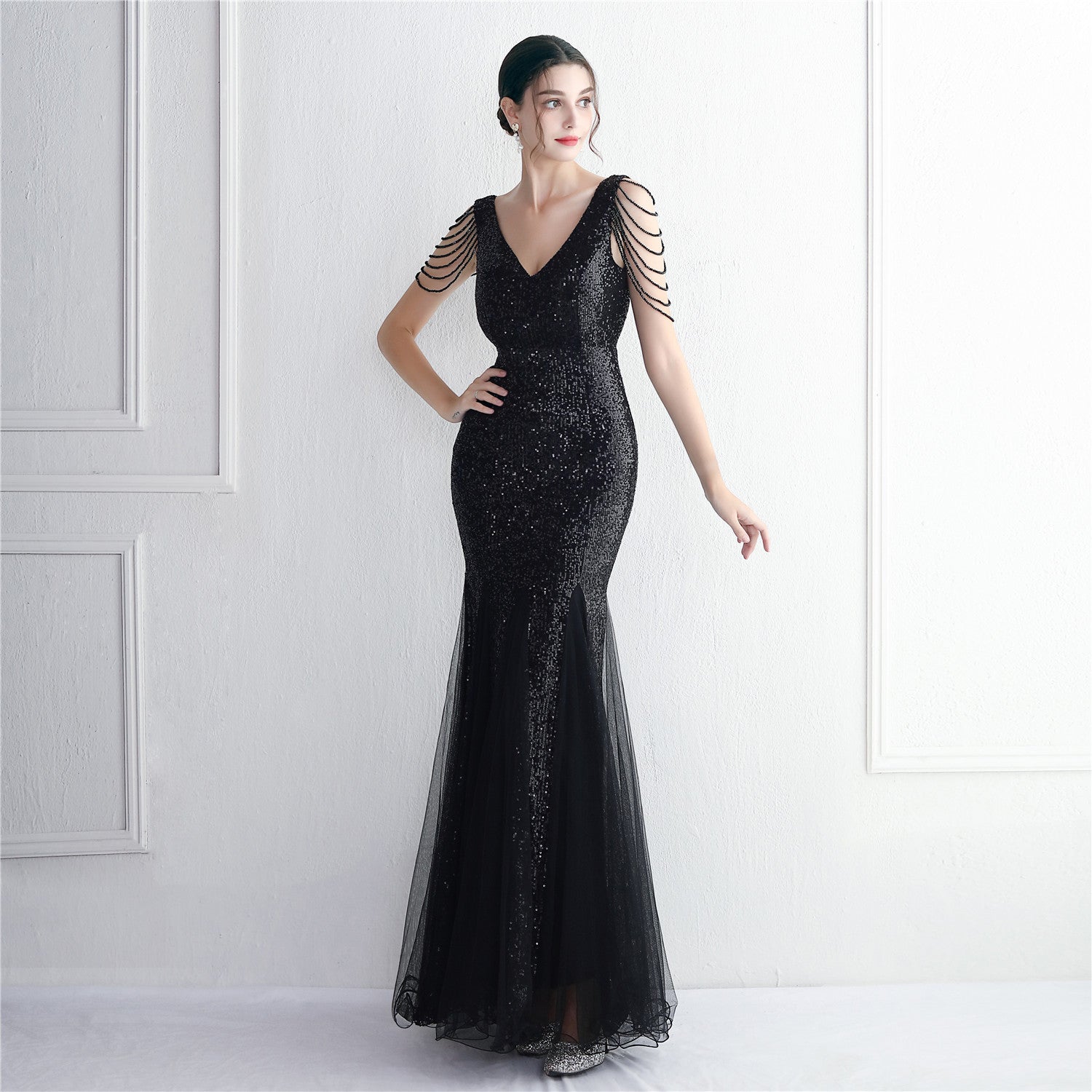 Beaded Mesh Evening Dress Long Formal Party Slim Evening Dress 12