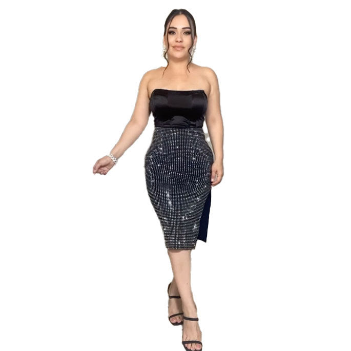 Women Sexy Top Beaded Bodycon Dress Two-piece Set 7