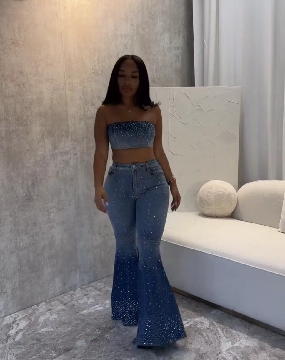 Women Beaded Denim Strapless Crop Backless Top and Bell Bottom trousers two-piece set 3