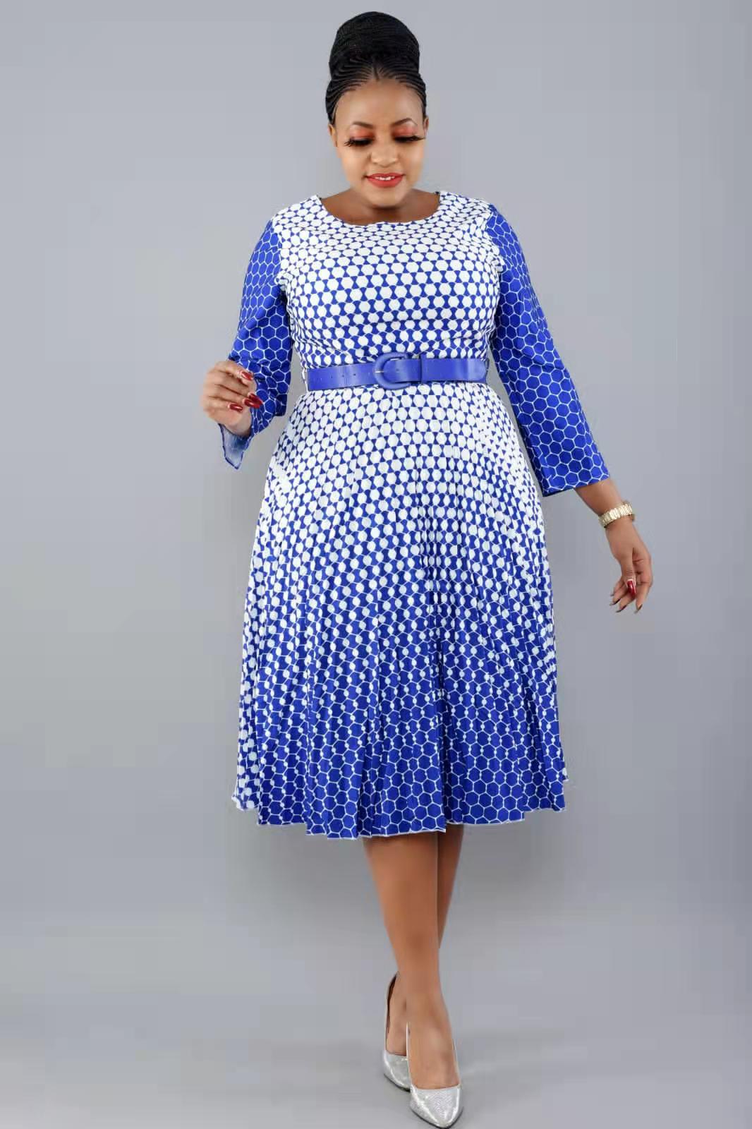 Plus Size Women African Round Neck Three-quarter Sleeve Pleated Snake Dress 4