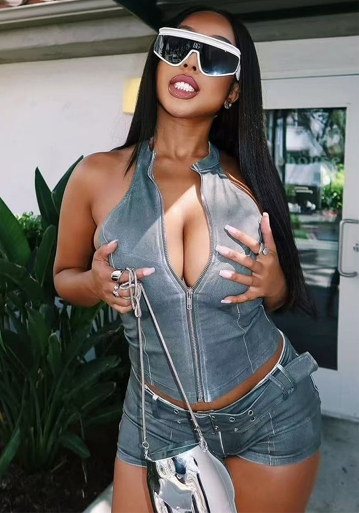 Women Denim Sleeveless Zipper Crop Top and Belt Shorts Two Piece Set