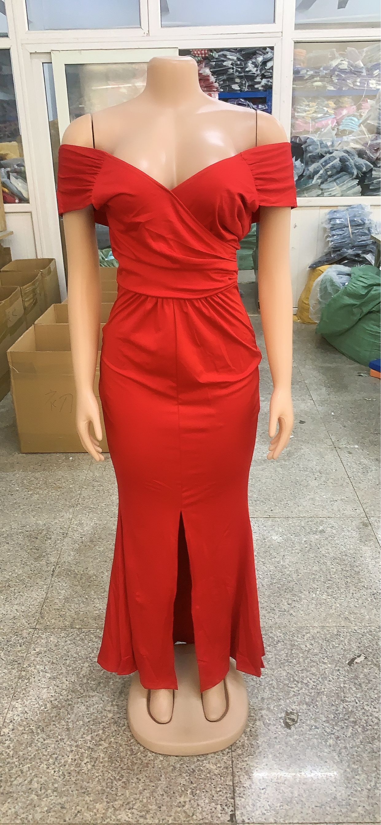 Women Sexy Solid Off-shoulder Evening Dress 10