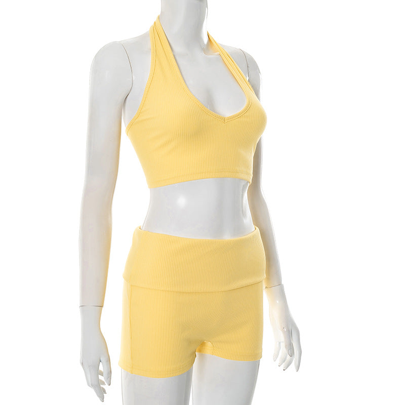Women's Spring and Summer Ribbed Halter Neck Hollow Lace-up Vest Folded High Waist Short Set 9