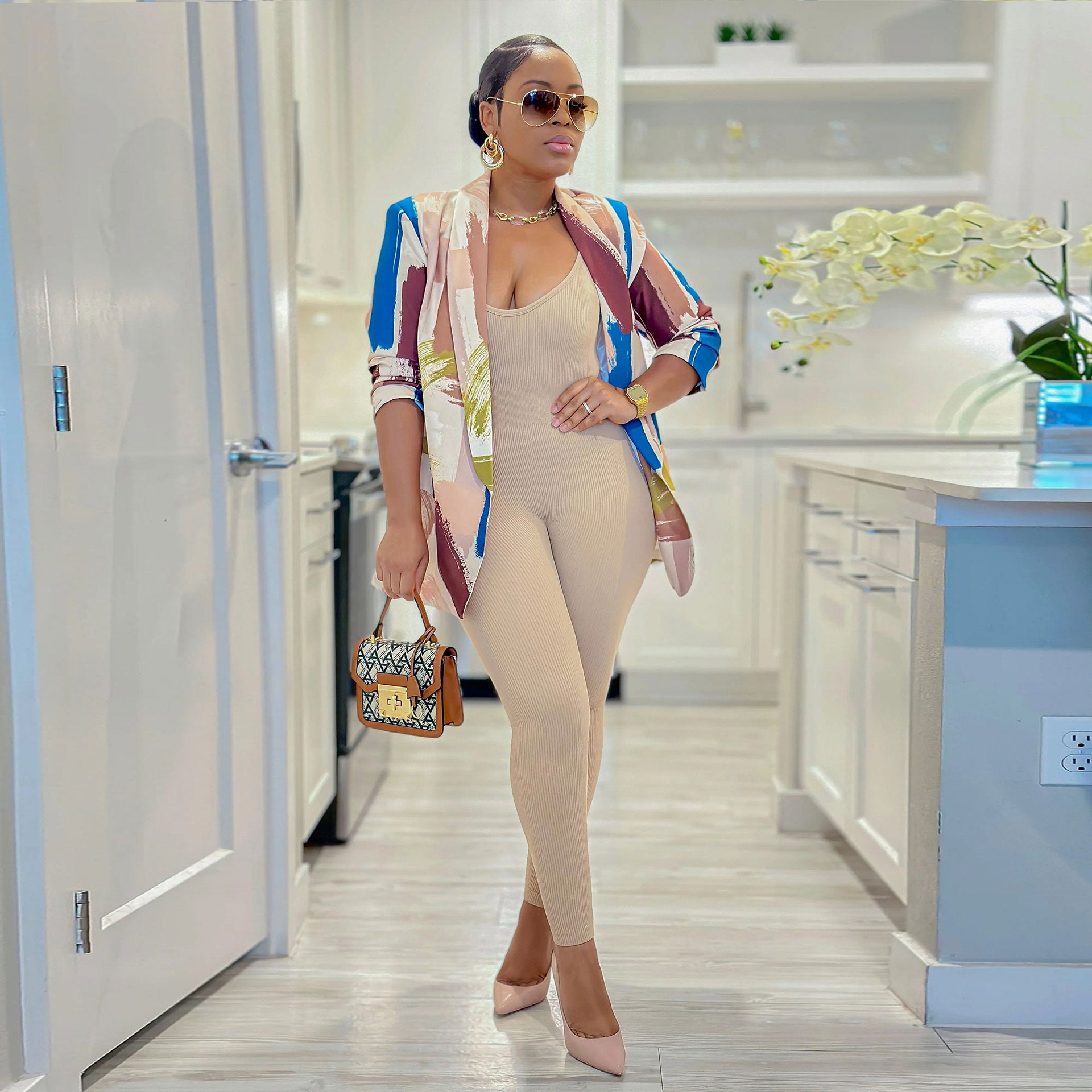 Women's Print Turndown Collar V-Neck Long-Sleeved Blazer 10