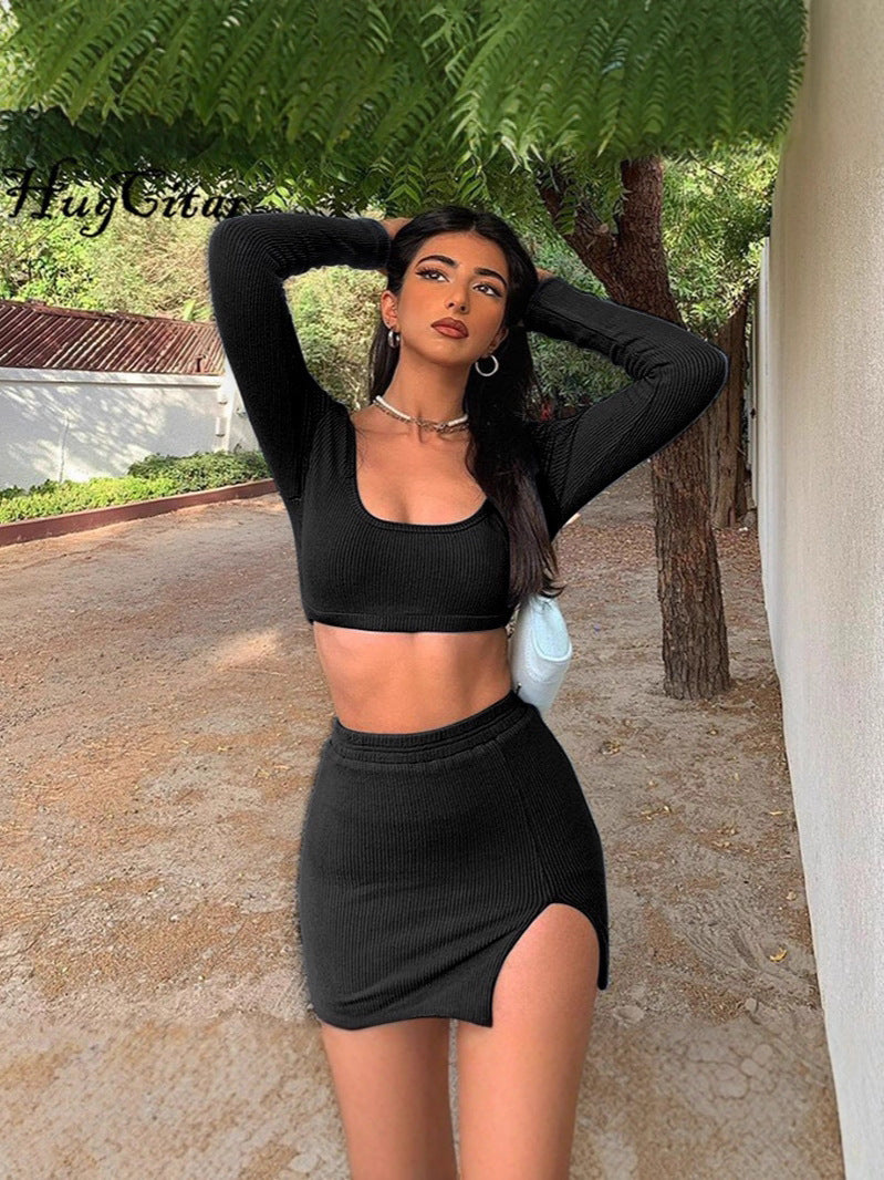 Fashion Women's Rib Long Sleeve Camisole Top Sexy Slit Tight-Fitting Bodycon Short Skirt Set 5