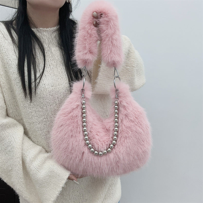 Autumn And Winter Furry Bag Imitation Fox Fur Armpit Bag Pearl Chain Shoulder Bag 9